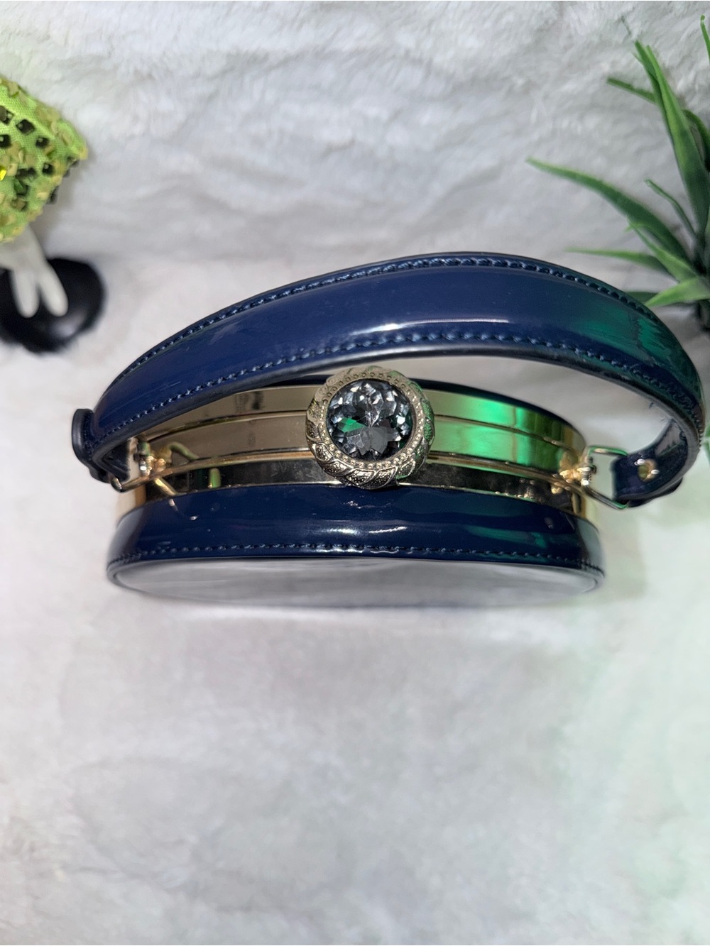 Stunning Navy Patent Round Top-Handle Bag w/ Giant Rhinstone & Paisley Interior - Picture 2 of 6